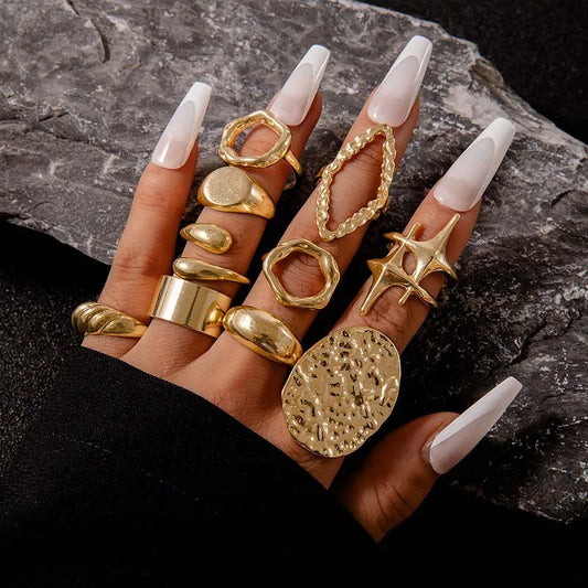 10Pcs Gold Geometric Lava & Star Ring Set