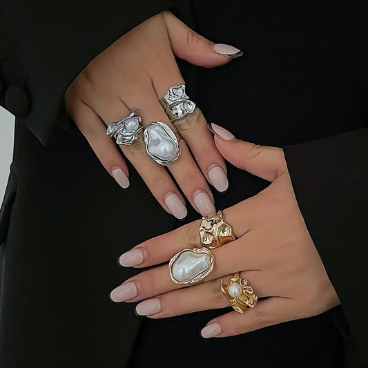3Pcs Gold Pearl & Chunky Folded Ring Set