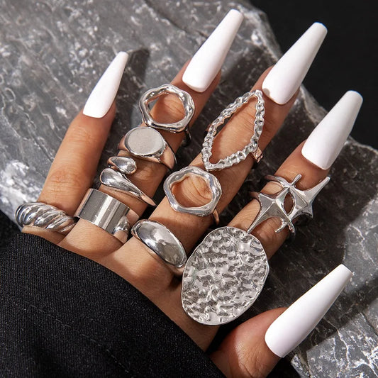 10Pcs Gold Geometric Lava & Star Ring Set